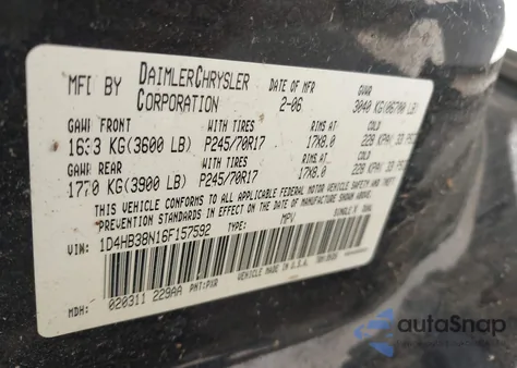 2006 Dodge Durango Sxt z USA, uszkodzony, nr VIN 1D4HB38N16F157592